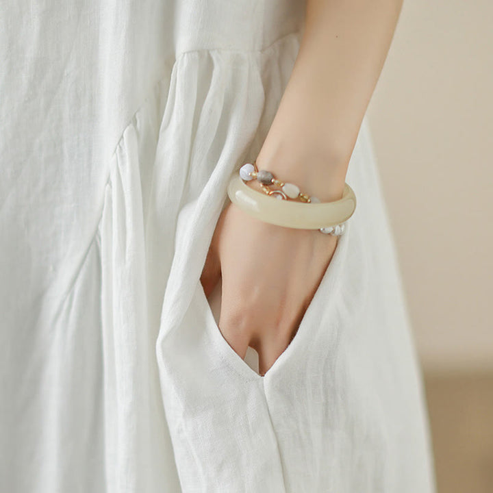 Buddha Stones FloralWhite Casual Back Buttons Design Sleeveless Cotton Midi Dress With Pockets - image 8