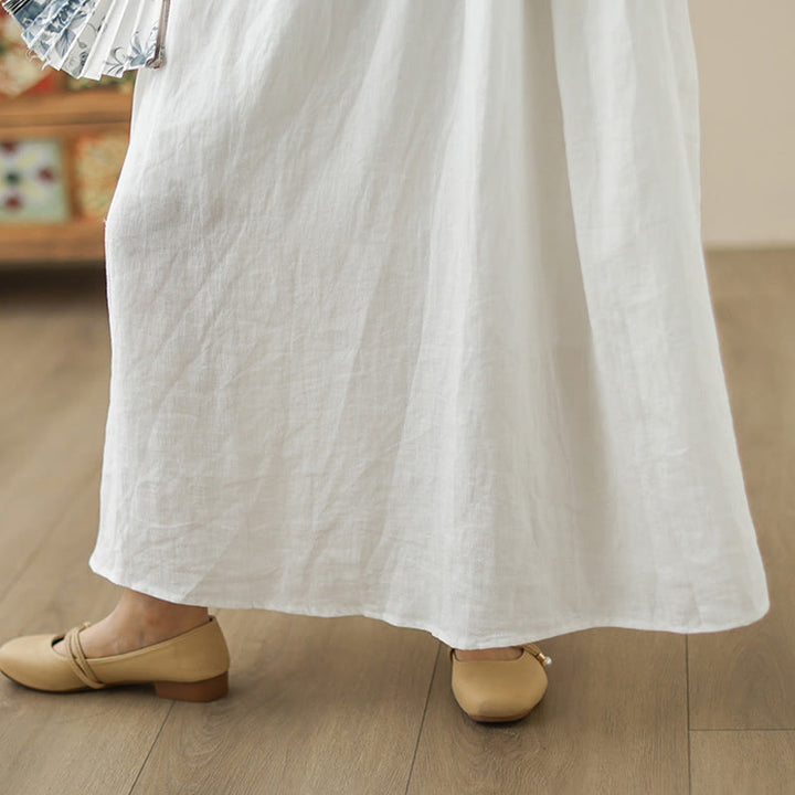 Buddha Stones FloralWhite Casual Back Buttons Design Sleeveless Cotton Midi Dress With Pockets - image 11