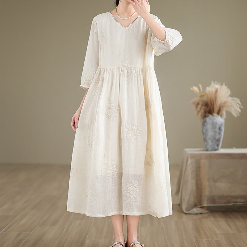 Buddha Stones Beige Casual Embroidery Three Quarter Sleeve Cotton Linen Midi Dress With Pockets - image 2