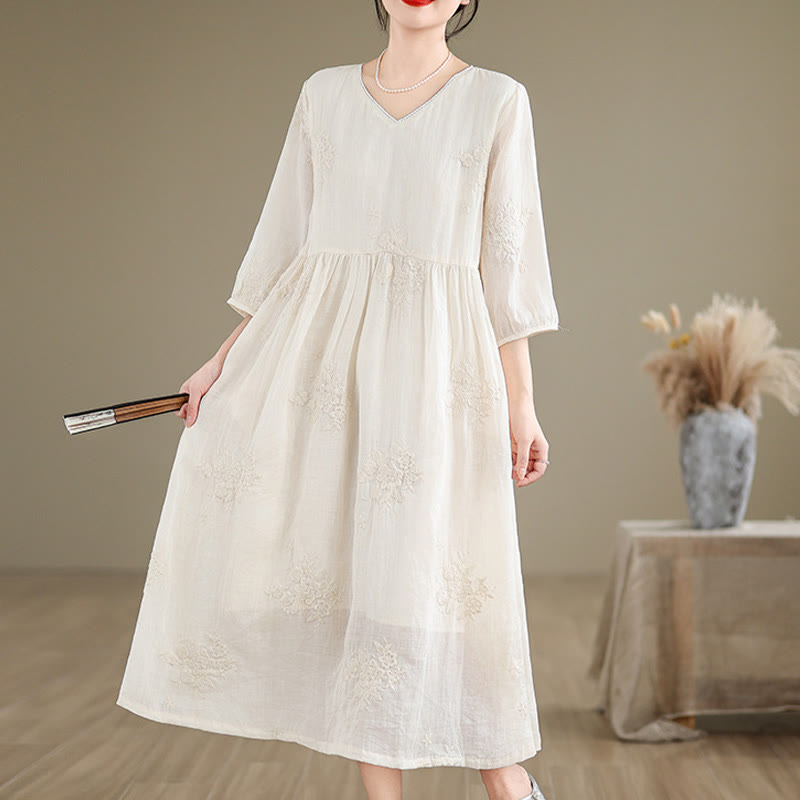 Buddha Stones Beige Casual Embroidery Three Quarter Sleeve Cotton Linen Midi Dress With Pockets - image 5