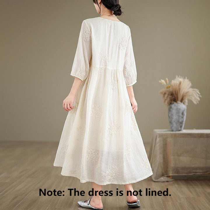 Buddha Stones Beige Casual Embroidery Three Quarter Sleeve Cotton Linen Midi Dress With Pockets - image 1