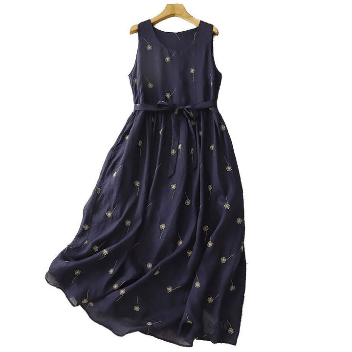 Buddha Stones MidnightBlue Printing Lace-Up Design Sleeveless Cotton Midi Dress With Pockets - image 10