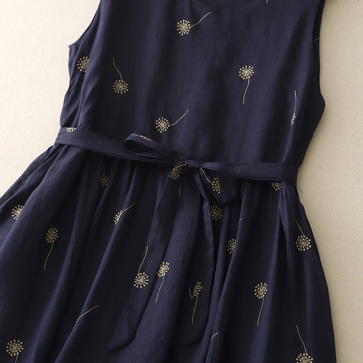 Buddha Stones MidnightBlue Printing Lace-Up Design Sleeveless Cotton Midi Dress With Pockets - image 7