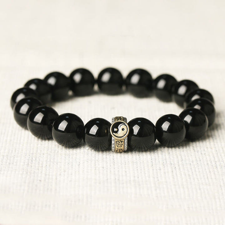 Buddha Stones Black Obsidian Yin Yang Nine-Character Mantra Fulfilment Bracelet
