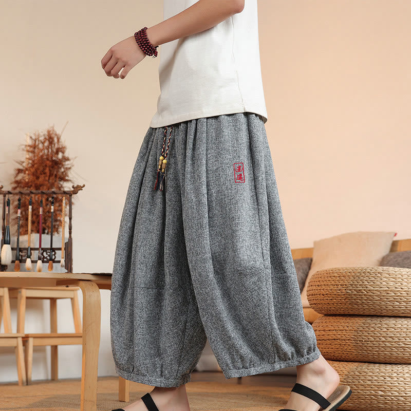Buddha Stones Summer Characters Embroidery Drawstring Men's Cropped Ankle-Length Harem Pants With Pockets - Gray - US/UK/AU46，EU56 (5XL) - image 0