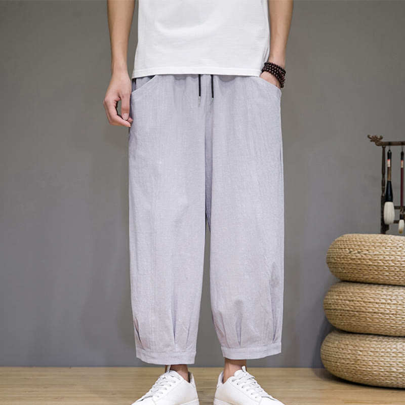 Buddha Stones Simple Cotton Men's Cropped Capri Harem Pants With Pockets - LightGrey - US/UK/AU46，EU56 (5XL) - image 9