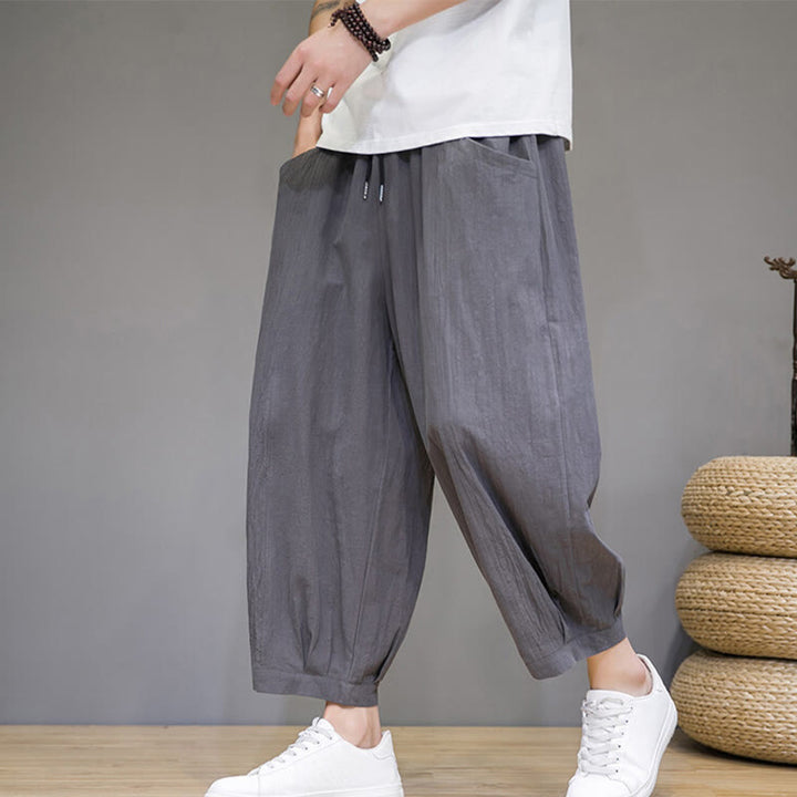 Buddha Stones Simple Cotton Men's Cropped Capri Harem Pants With Pockets - Gray - US/UK/AU46，EU56 (5XL) - image 0