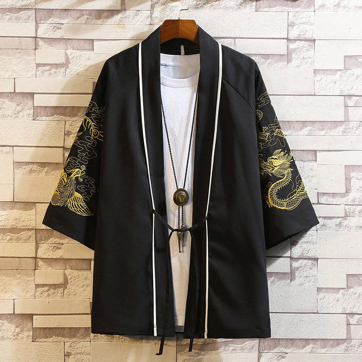 Buddha Stones Embroidery Dragon Phoenix Auspicious Cloud Waves Leaves Cranes Open Front Jacket Men's Kimono - Golden Dragon Phoenix-Black - US/UK/AU46，EU56 (5XL) - image 18
