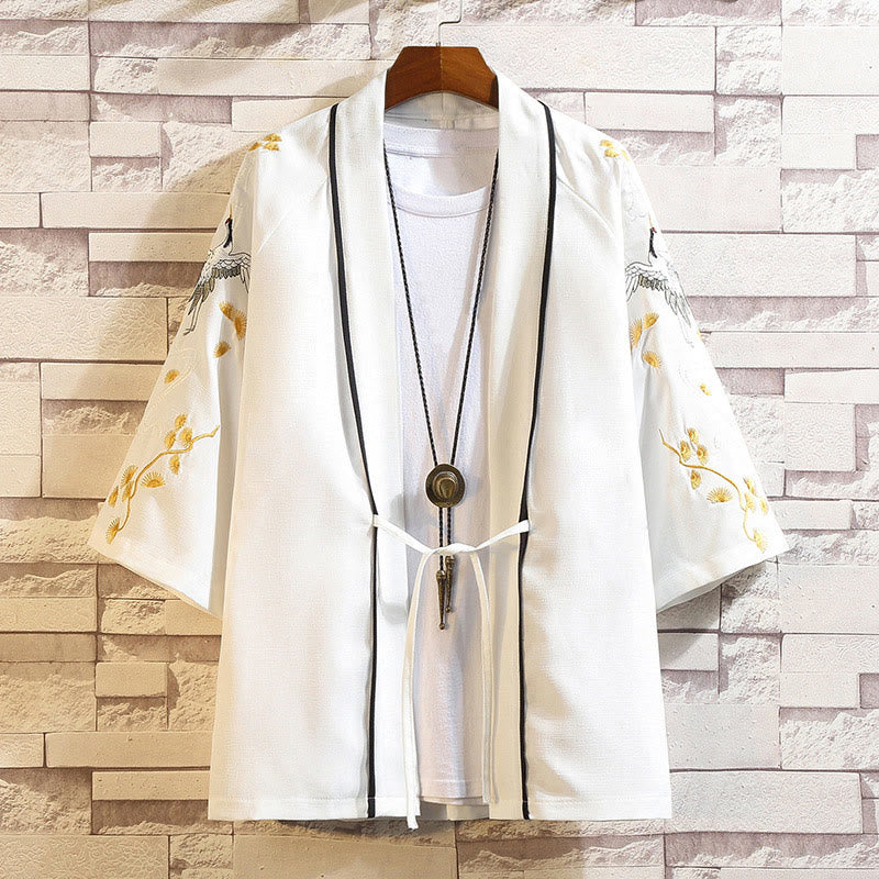 Buddha Stones Embroidery Dragon Phoenix Auspicious Cloud Waves Leaves Cranes Open Front Jacket Men's Kimono - White Crane-White - US/UK/AU46，EU56 (5XL) - image 43