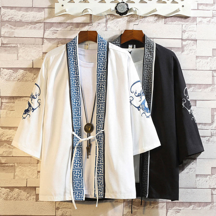 Buddha Stones Embroidery Dragon Phoenix Auspicious Cloud Waves Leaves Cranes Open Front Jacket Men's Kimono - image 5