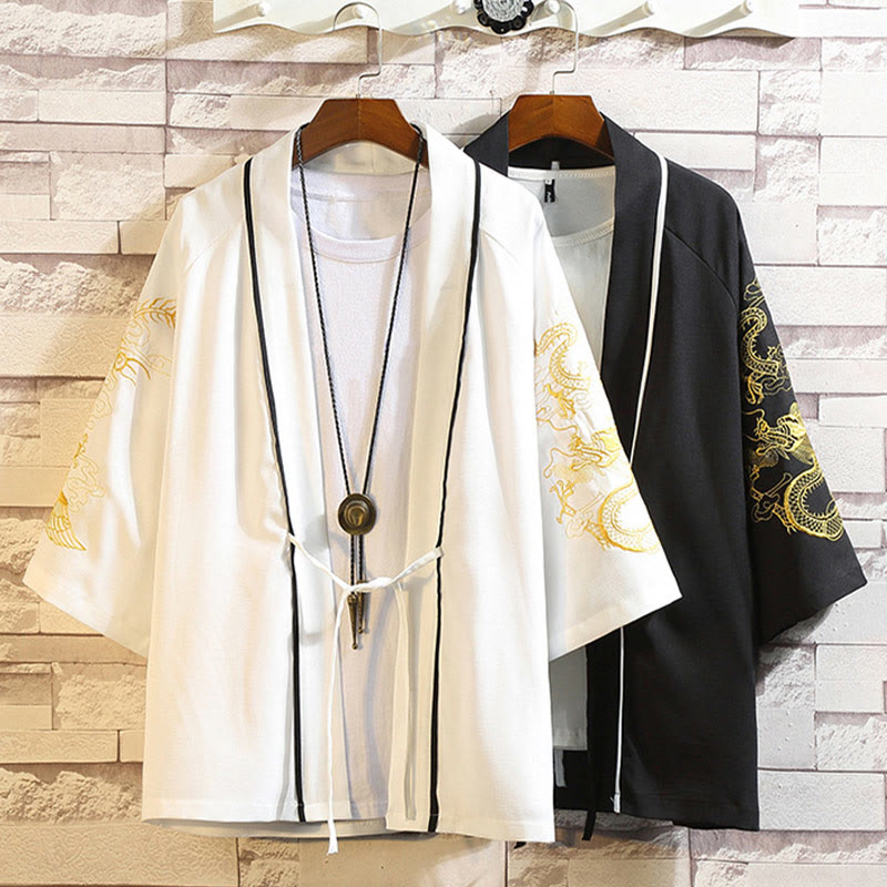 Buddha Stones Embroidery Dragon Phoenix Auspicious Cloud Waves Leaves Cranes Open Front Jacket Men's Kimono - image 36