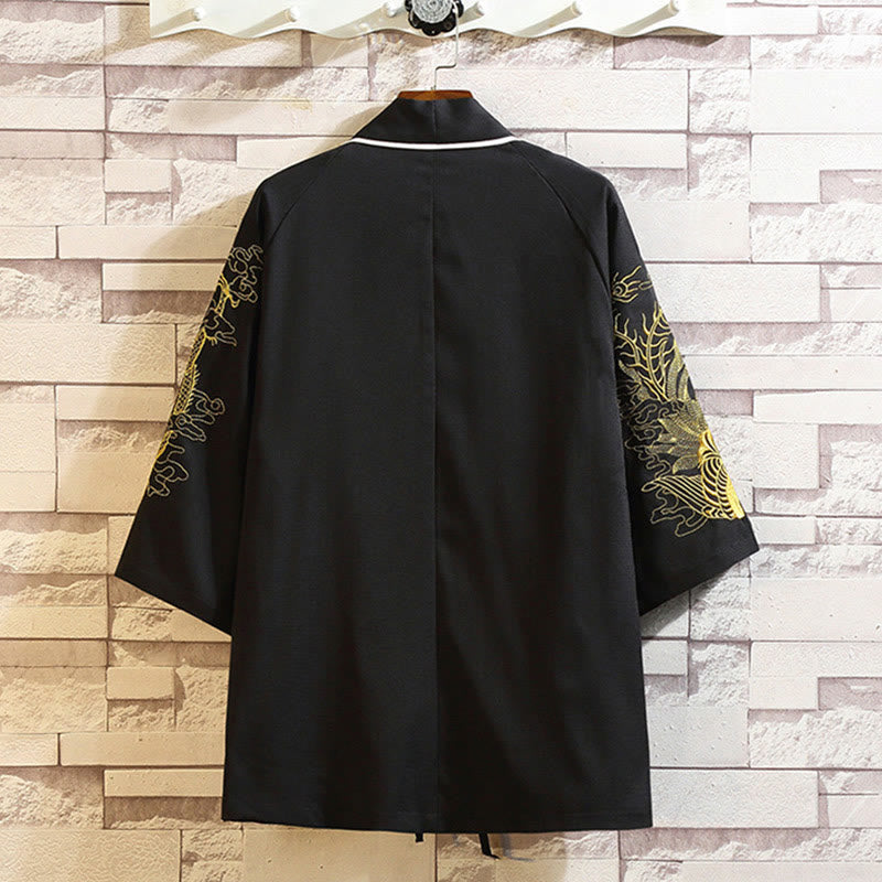 Buddha Stones Embroidery Dragon Phoenix Auspicious Cloud Waves Leaves Cranes Open Front Jacket Men's Kimono - image 19