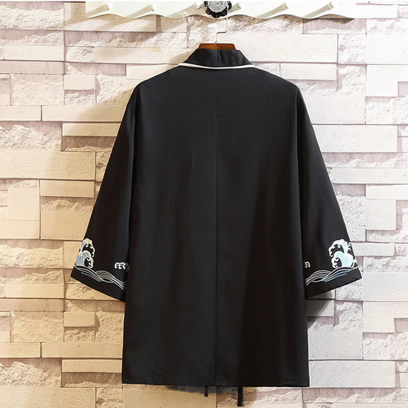 Buddha Stones Embroidery Dragon Phoenix Auspicious Cloud Waves Leaves Cranes Open Front Jacket Men's Kimono - image 38