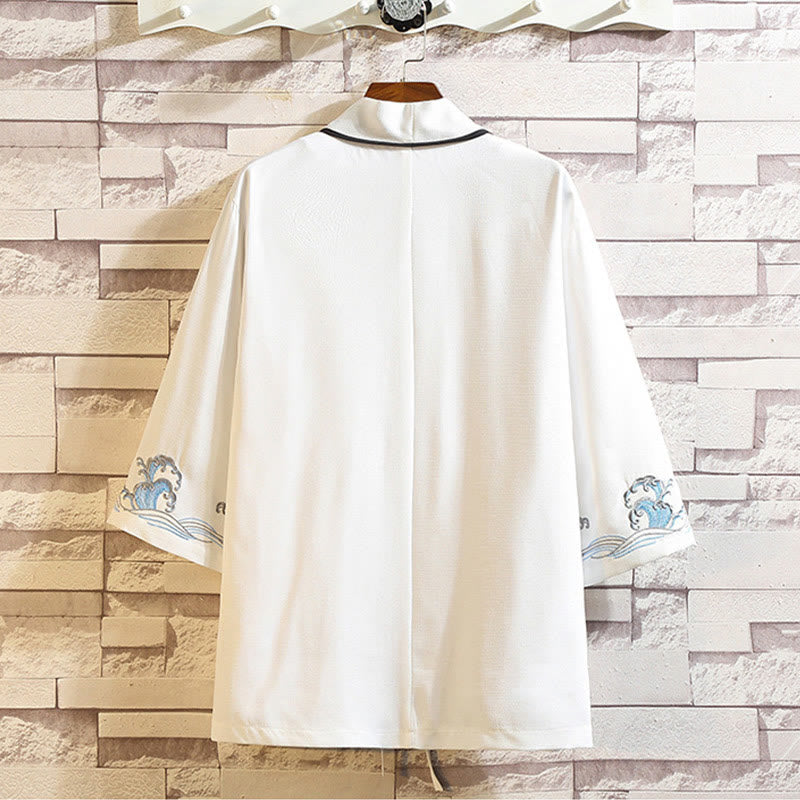 Buddha Stones Embroidery Dragon Phoenix Auspicious Cloud Waves Leaves Cranes Open Front Jacket Men's Kimono - image 40