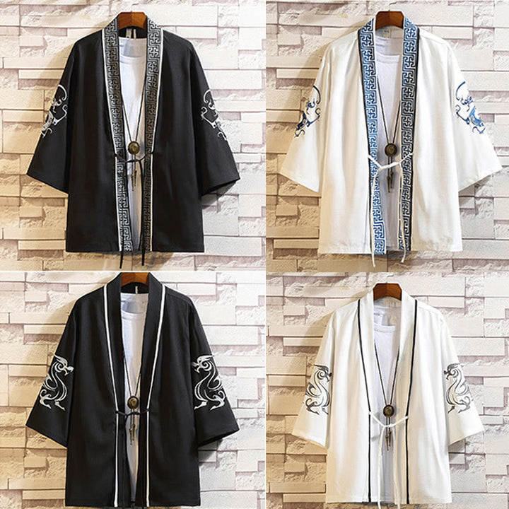 Buddha Stones Embroidery Dragon Phoenix Auspicious Cloud Waves Leaves Cranes Open Front Jacket Men's Kimono - image 45