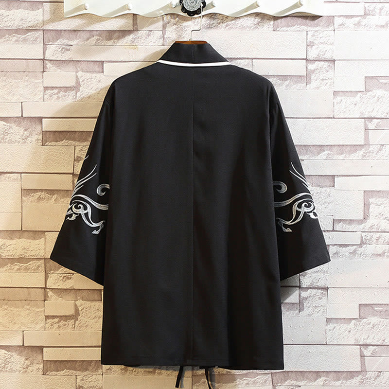 Buddha Stones Embroidery Dragon Phoenix Auspicious Cloud Waves Leaves Cranes Open Front Jacket Men's Kimono - image 7