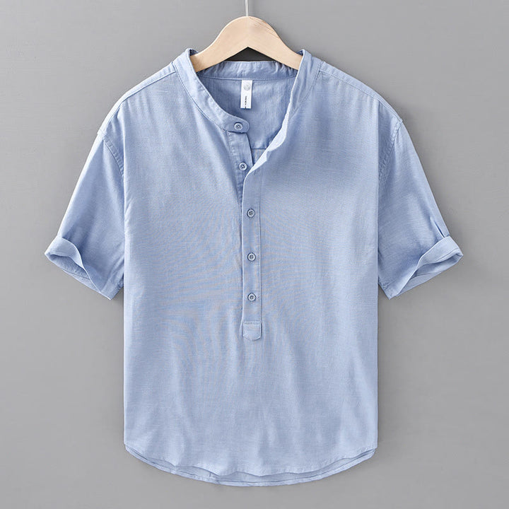 Buddha Stones Summer Solid Color Men's Half Button Short Sleeve Cotton Linen Shirt