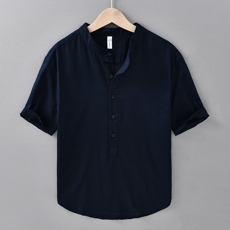 Buddha Stones Summer Solid Color Men's Half Button Short Sleeve Cotton Linen Shirt