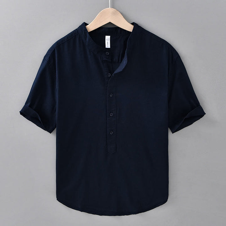 Buddha Stones Summer Solid Color Men's Half Button Short Sleeve Cotton Linen Shirt