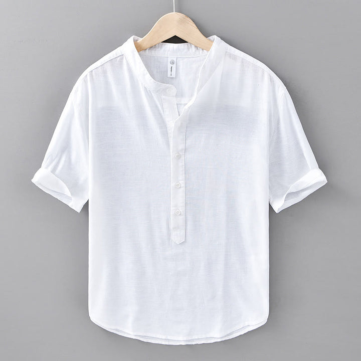 Buddha Stones Summer Solid Color Men's Half Button Short Sleeve Cotton Linen Shirt