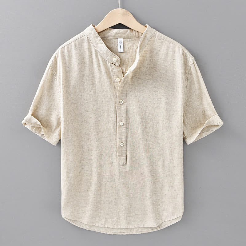 Buddha Stones Summer Solid Color Men's Half Button Short Sleeve Cotton Linen Shirt - Linen - US/UK/AU42，EU52 (3XL) - image 0