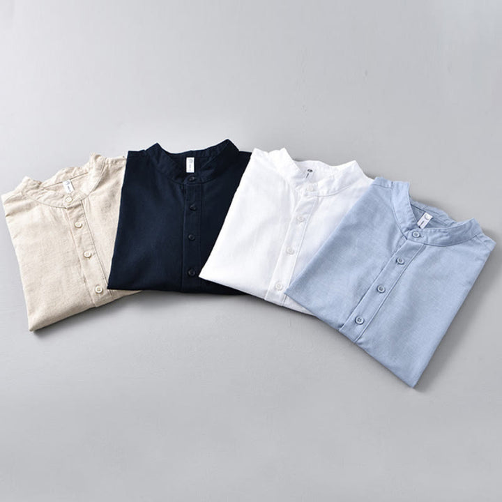 Buddha Stones Summer Solid Color Men's Half Button Short Sleeve Cotton Linen Shirt