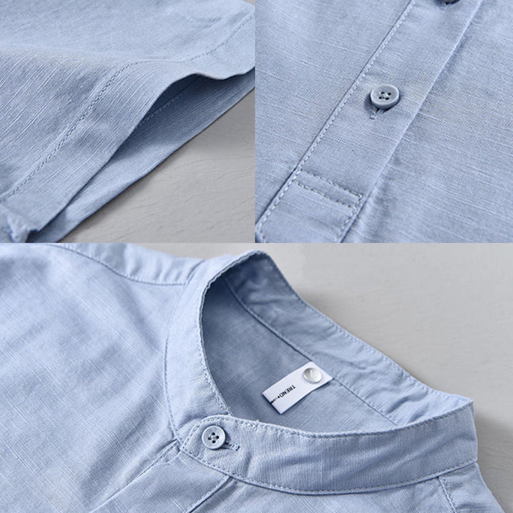 Buddha Stones Summer Solid Color Men's Half Button Short Sleeve Cotton Linen Shirt