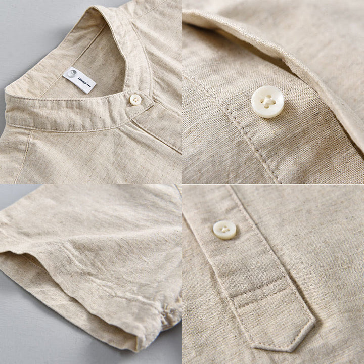 Buddha Stones Summer Solid Color Men's Half Button Short Sleeve Cotton Linen Shirt