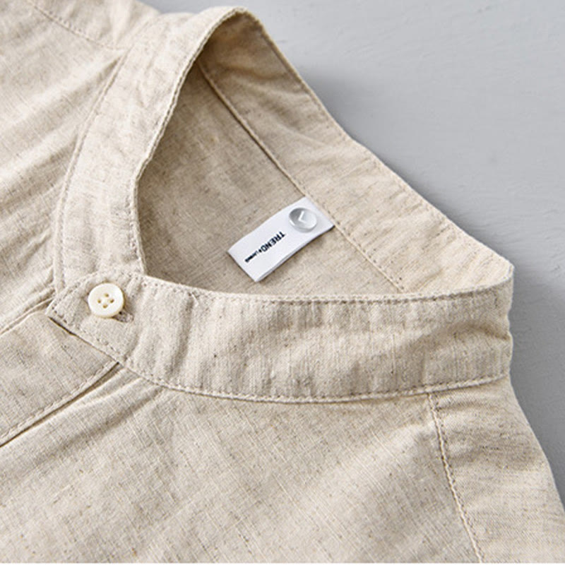 Buddha Stones Summer Solid Color Men's Half Button Short Sleeve Cotton Linen Shirt