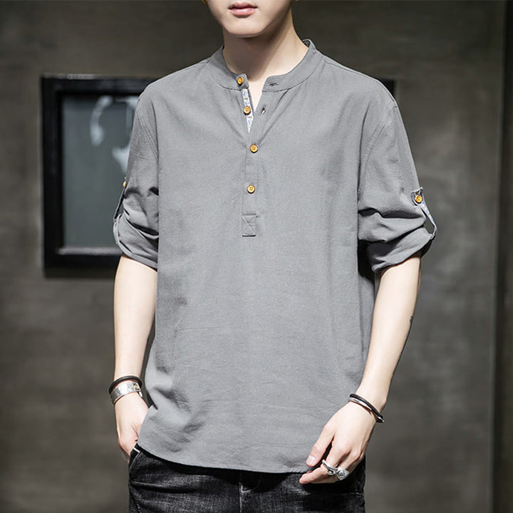 Buddha Stones Summer Solid Men's Half Buttons Half Sleeve Linen Shirt