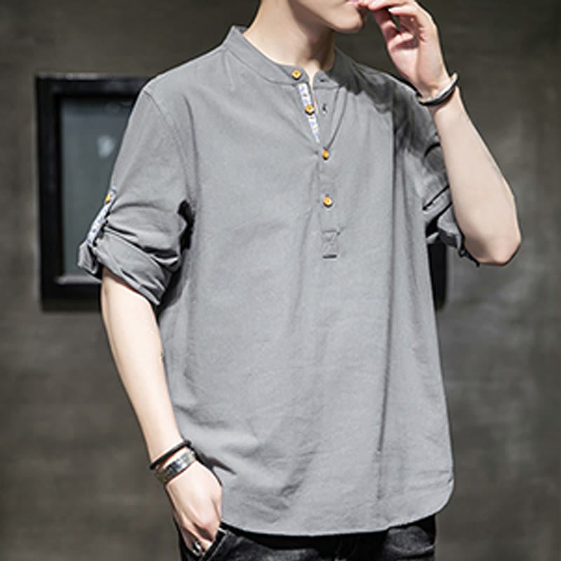 Buddha Stones Summer Solid Men's Half Buttons Half Sleeve Linen Shirt - image 3