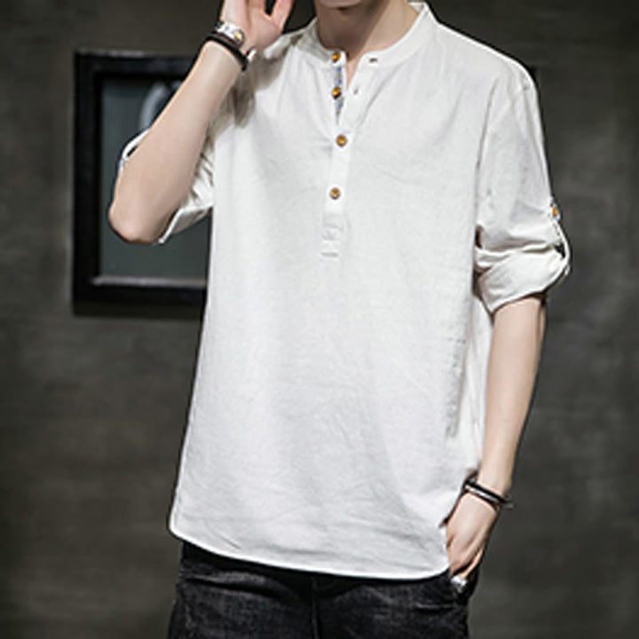 Buddha Stones Summer Solid Men's Half Buttons Half Sleeve Linen Shirt - image 28