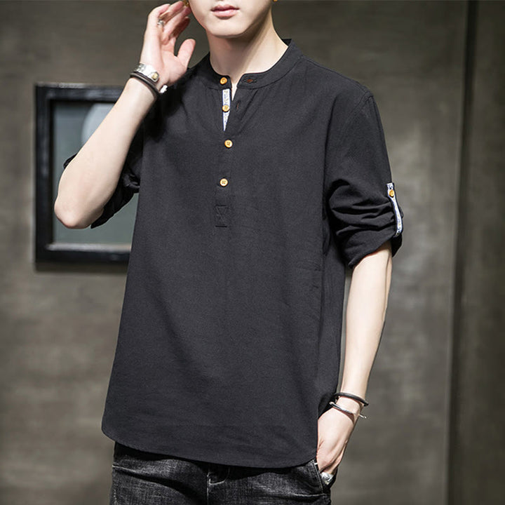 Buddha Stones Summer Solid Men's Half Buttons Half Sleeve Linen Shirt - image 10