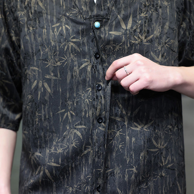 Buddha Stones Summer Golden Bamboo Jacquard Men's Half Sleeve Linen Shirt - image 2