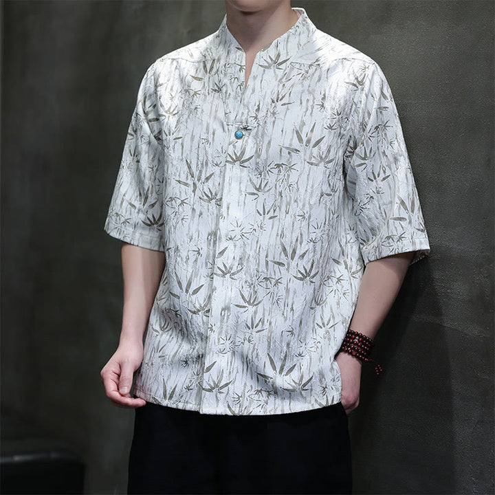 Buddha Stones Summer Golden Bamboo Jacquard Men's Half Sleeve Linen Shirt - White - US/UK/AU46，EU56 (5XL) - image 8