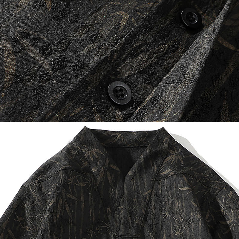 Buddha Stones Summer Golden Bamboo Jacquard Men's Half Sleeve Linen Shirt - image 3