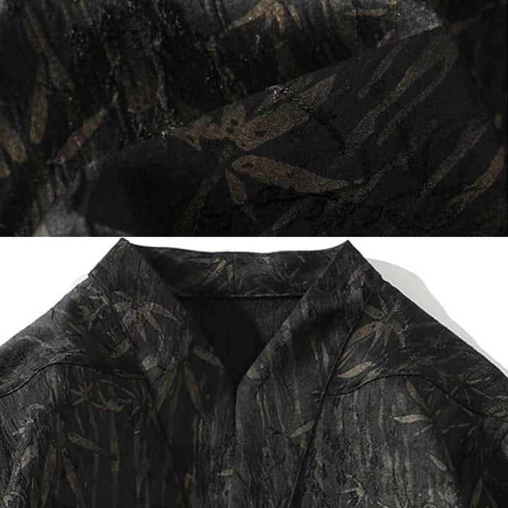 Buddha Stones Summer Golden Bamboo Jacquard Men's Half Sleeve Linen Shirt - image 5