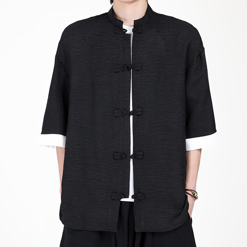 Buddha Stones Plain Tang Suit Frog-Button Design Men's Half Sleeve Shirt - Black - US/UK/AU46，EU56 (5XL) - image 7