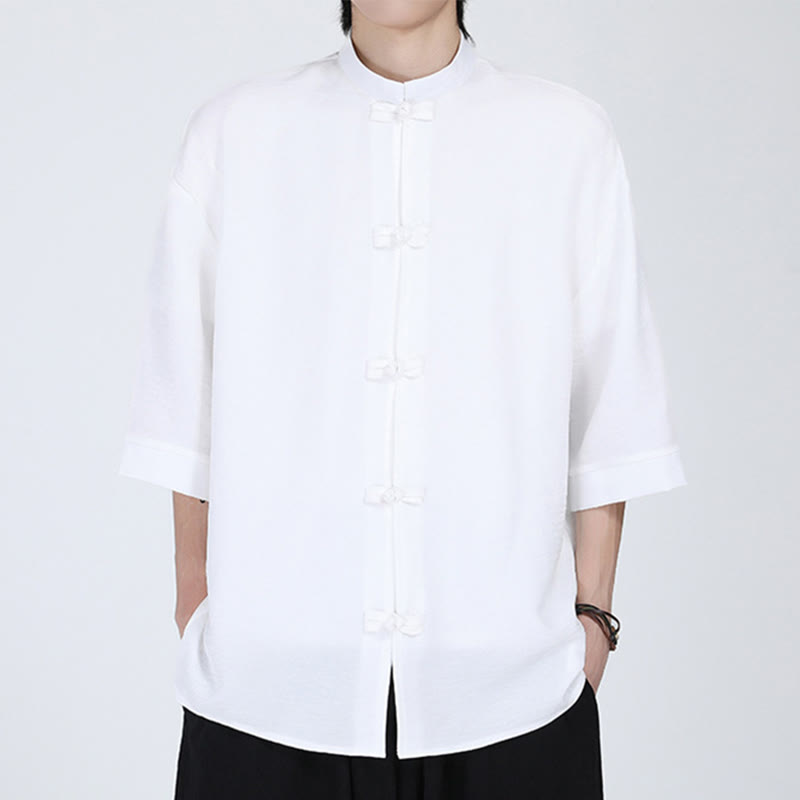 Buddha Stones Plain Tang Suit Frog-Button Design Men's Half Sleeve Shirt - White - US/UK/AU46，EU56 (5XL) - image 1