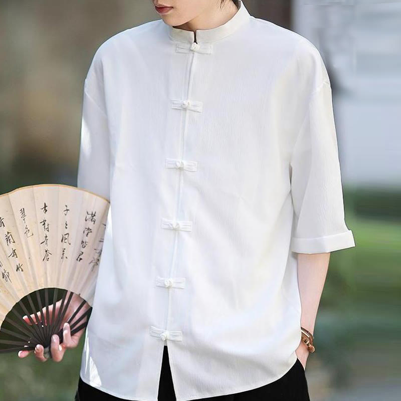 Buddha Stones Plain Tang Suit Frog-Button Design Men's Half Sleeve Shirt