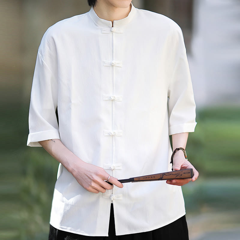 Buddha Stones Plain Tang Suit Frog-Button Design Men's Half Sleeve Shirt - image 4