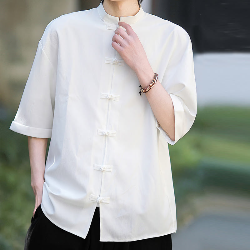 Buddha Stones Plain Tang Suit Frog-Button Design Men's Half Sleeve Shirt - image 6