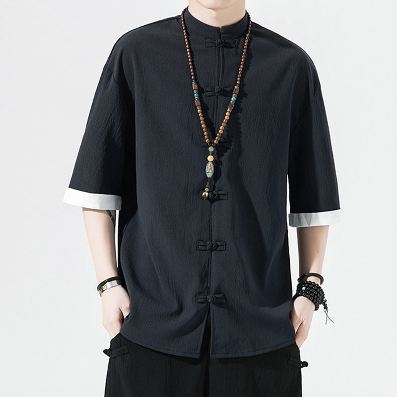 Buddha Stones Plain Tang Suit Frog-Button Design Men's Half Sleeve Shirt