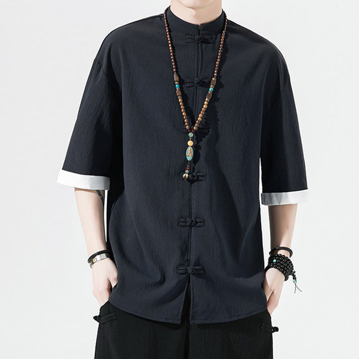 Buddha Stones Plain Tang Suit Frog-Button Design Men's Half Sleeve Shirt