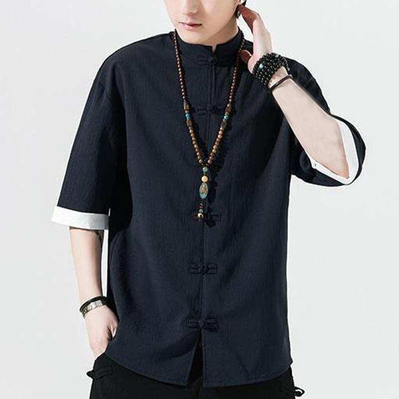 Buddha Stones Plain Tang Suit Frog-Button Design Men's Half Sleeve Shirt - image 9
