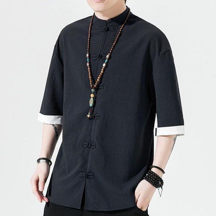 Buddha Stones Plain Tang Suit Frog-Button Design Men's Half Sleeve Shirt - image 11