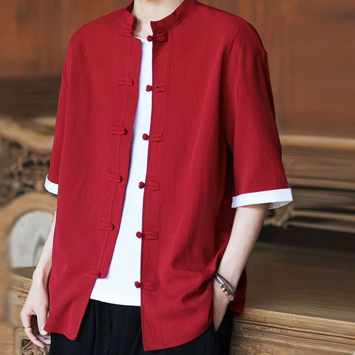Buddha Stones Plain Tang Suit Frog-Button Design Men's Half Sleeve Shirt