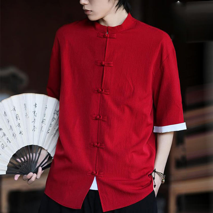 Buddha Stones Plain Tang Suit Frog-Button Design Men's Half Sleeve Shirt - image 18