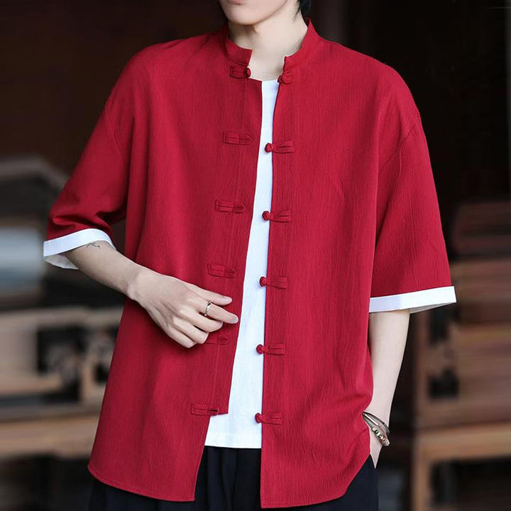 Buddha Stones Plain Tang Suit Frog-Button Design Men's Half Sleeve Shirt - image 15