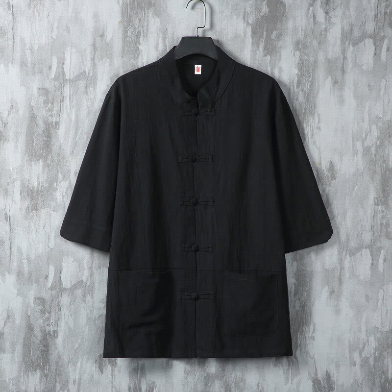 Buddha Stones Solid Color Tang Suit Frog-Button Design Men's Half Sleeve Linen Shirt With Pockets - Black - US/UK/AU46，EU56 (5XL) - image 7